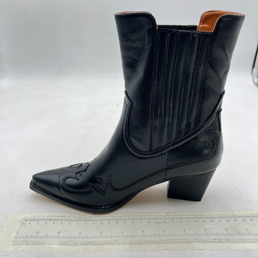 Black Women Square Toe Cowboy Ankle Boots Western Comfortable Chunky Heel Boots
